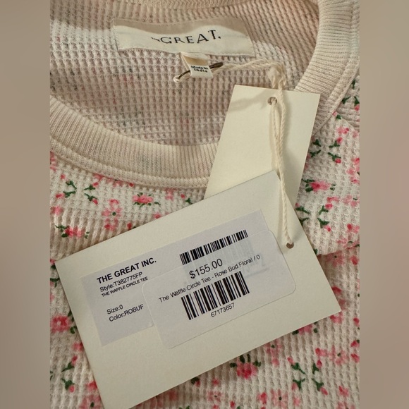THE GREAT. Floral Long Sleeve Tee - Cream and Pink - Picture 4 of 6